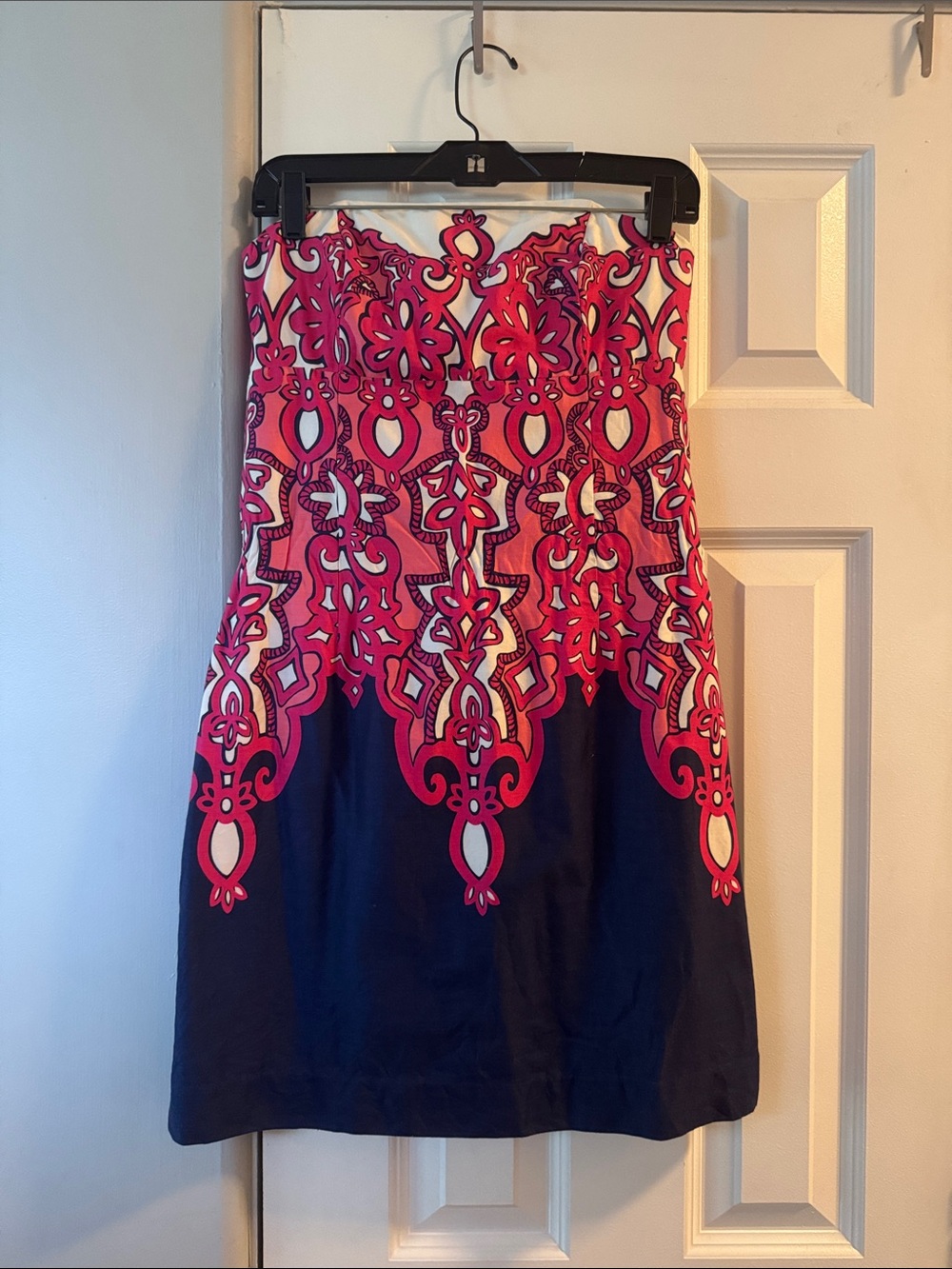 Lilly Pulitzer Navy Strapless Mini Dress with Pink and Cream Pattern